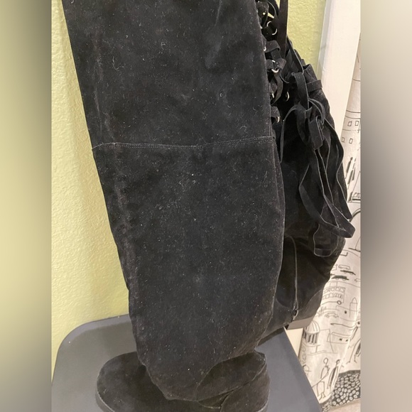 New Ramona High Over-The-Knee Lace Up Faux Suede Flat Boot in Black 8 Extra Wide - Picture 10 of 16